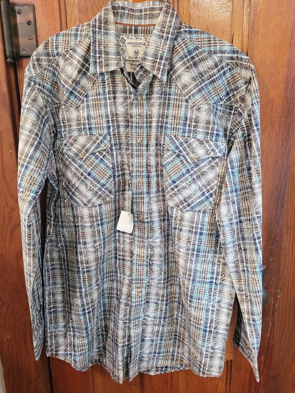 Panhandle Rough Stock Blue Brown Plaid Praisley Print Western Pearl Snaps Shirt